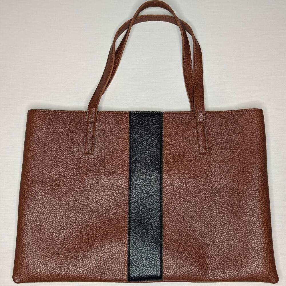 Vince Camuto Luck Tote Bag Vegan Leather Brown Black Striped Colorblock Purse